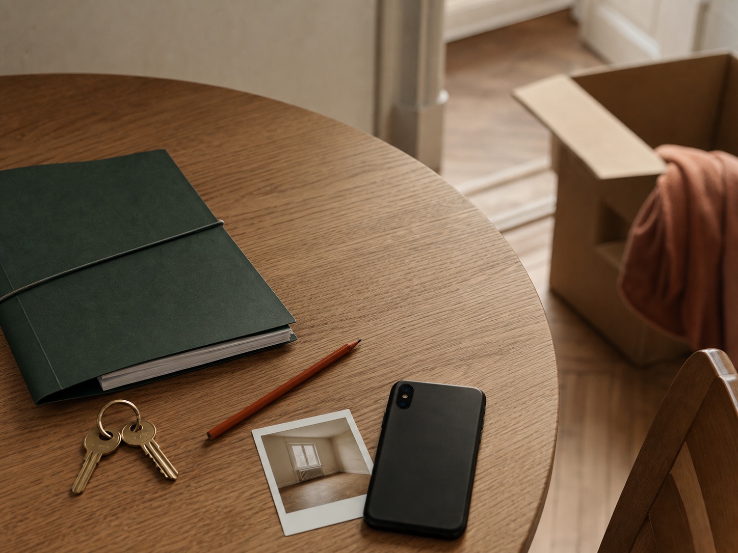 Schlüssel, Dokumentationsmappe und Wohnungsfoto auf einem Tisch